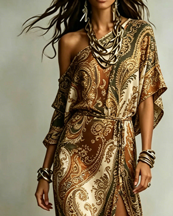 Kleid Paisley Ein Schulter Krawatte Schlitz Maxi