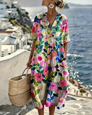 Kleid Aquarell Blumen V-Ausschnitt