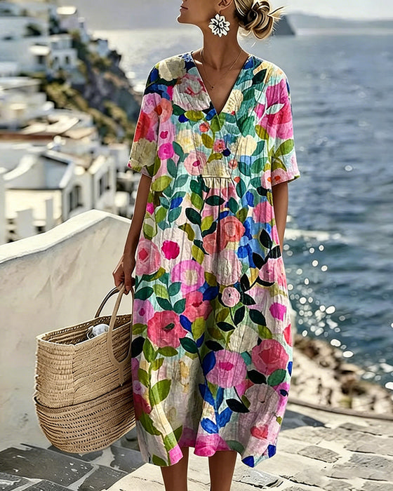 Kleid Aquarell Blumen V-Ausschnitt