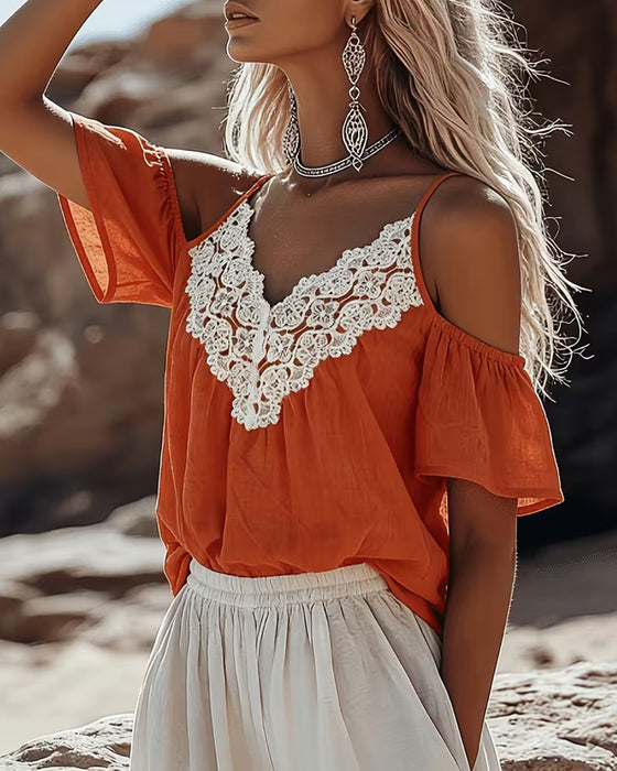 Bluse Spitze Patchwork Off-Shoulder