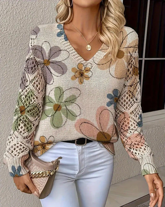 V-Ausschnitt Lochmuster-Strickpullover