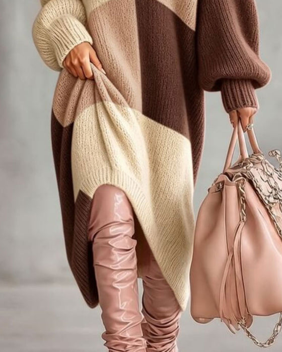 Strickkleid Karomuster Farbblock V-Ausschnitt Lang