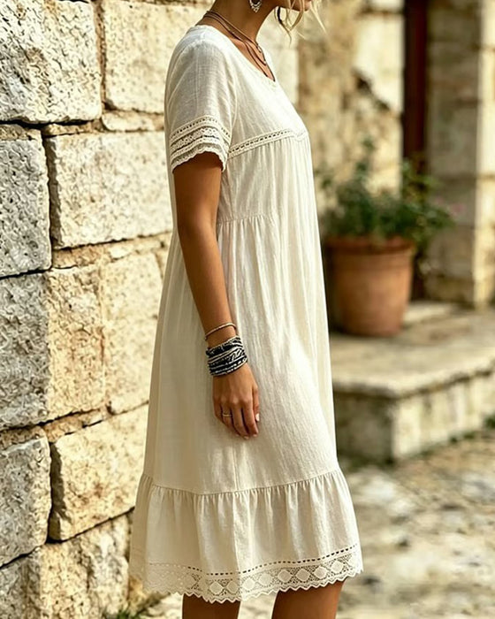 Kleid Spitze Rüsche Rund-Hals Kurzarm