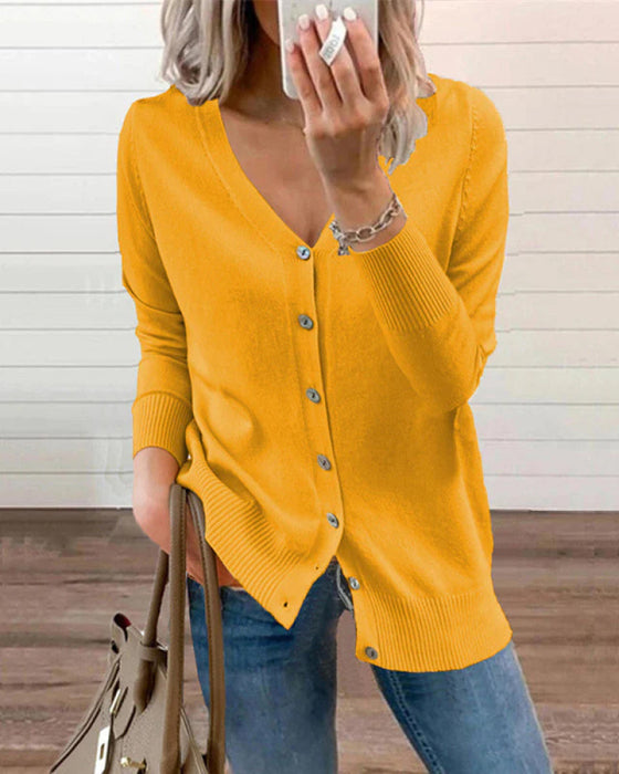 Einfach Gestrickte Top Mit Knopfverschluss Und V-Ausschnitt Für Damen