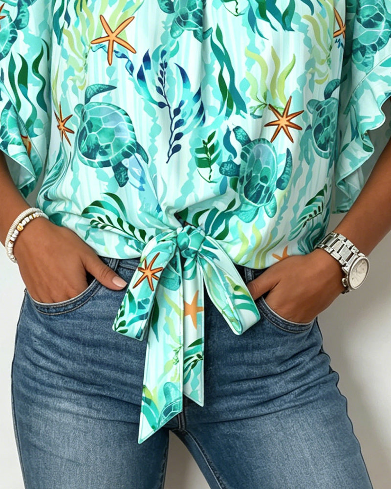 Bluse Ozean Druck Off-Shoulder Binden
