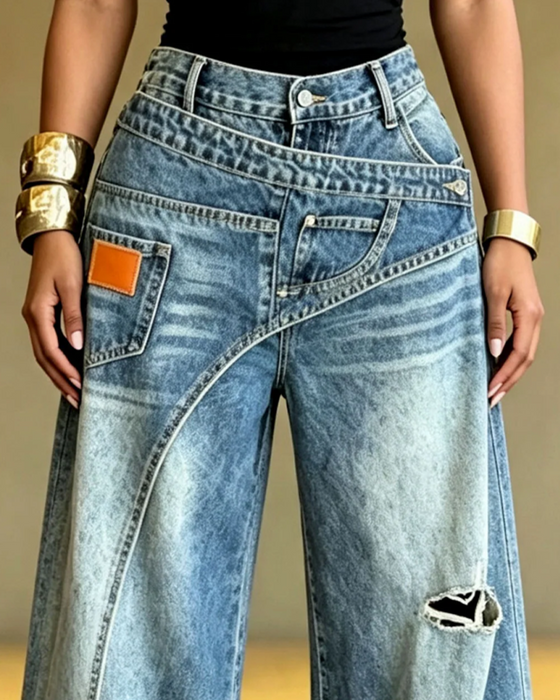 Hose Unregelmäßig Zerrissene Denim Lang