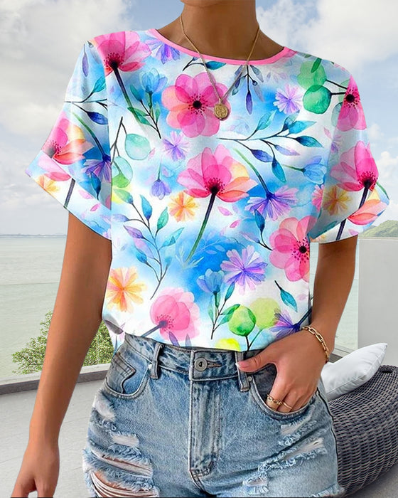 Bluse Bedruckt Rundhals Kurzarm