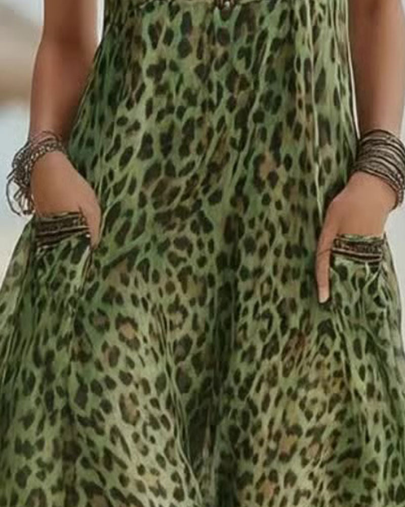 Kleid Leopardenmuster Halber Reißverschluss Ärmellos Lang