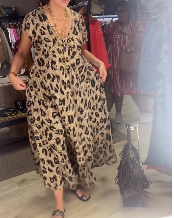 Kleid V-Ausschnitt Leopard Weiter Rock