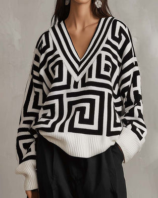 Pullover Geometrisches Muster V-Ausschnitt Gestrickte
