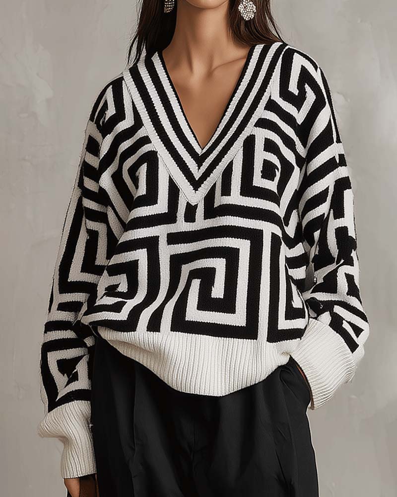 Pullover Geometrisches Muster V-Ausschnitt Gestrickte