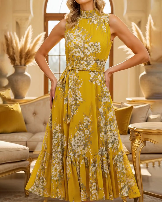 Kleid Mock Neck Ärmellos Tailliert Blumig