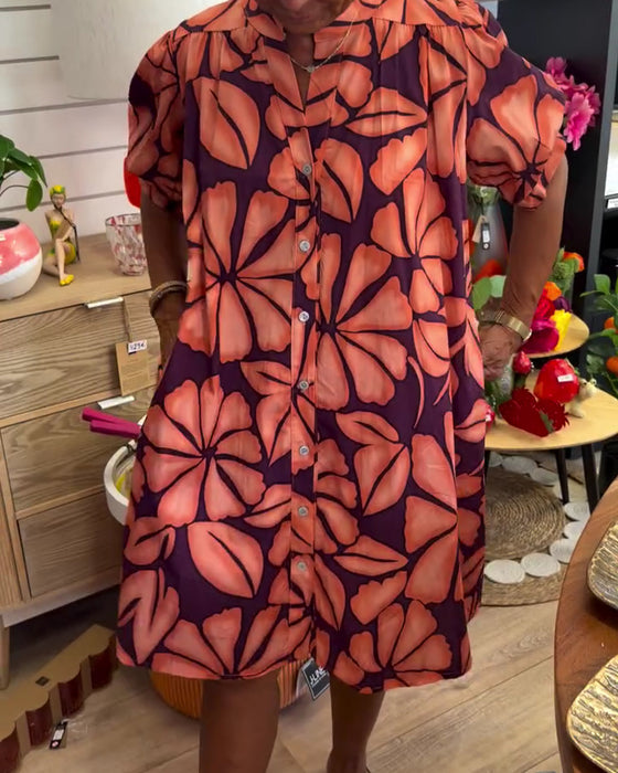 Kleid Puffärmel Blumig Stehkragen Hemd