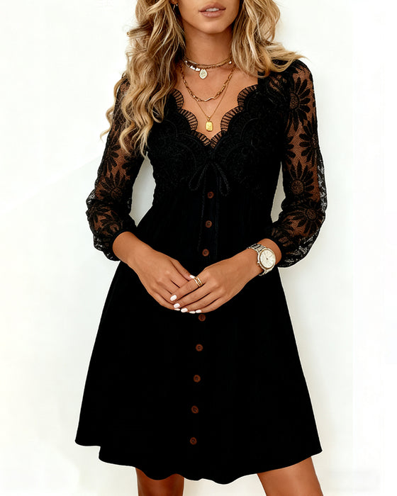 Kleid Sonnenblume Spitze Langarm V-Ausschnitt