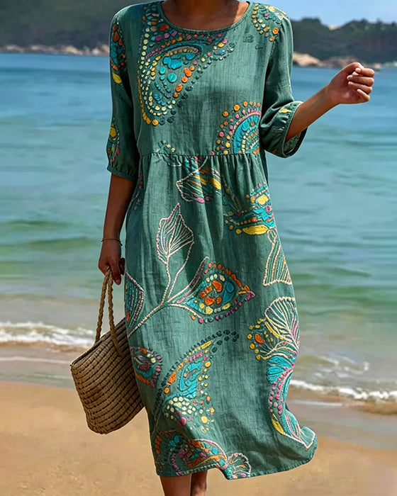 Kleid Print Rundhalsausschnitt Gerafft Lässig