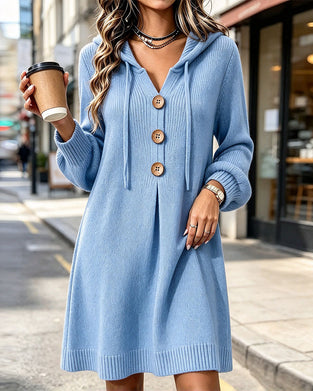 Pullover Kleid Mit Kapuze Gerafft Knopf