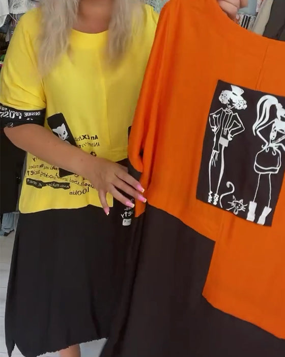 Kleid Rundhals Farbblock T-Shirt