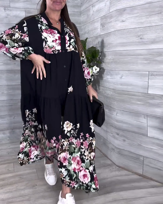 Kleid Blumenmuster Lässig Laternenärmel
