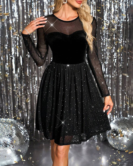 Kleid glitzernd Mesh Samt Patchwork A-Linie