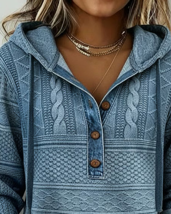 Hoodie aus Denim mit Zopfmuster und Patchwork-Details