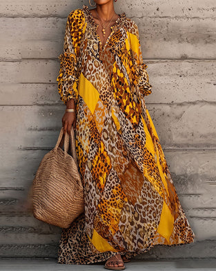 Kleid Leopard Farbblock Rüsche V-Ausschnitt
