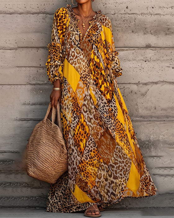 Kleid Leopard Farbblock Rüsche V-Ausschnitt