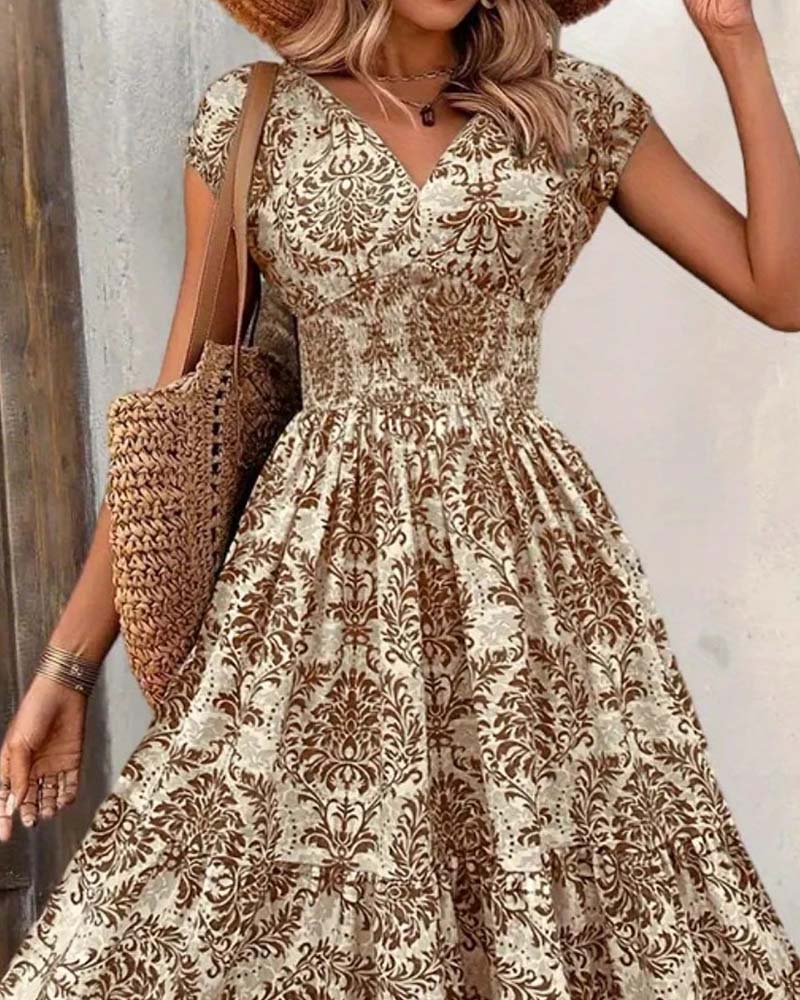 Kleid Retro Print V-Ausschnitt Tailliert Lang