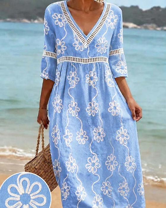 Kleid V-Ausschnitt Ausgeschnitten Patchwork Blumig Locke