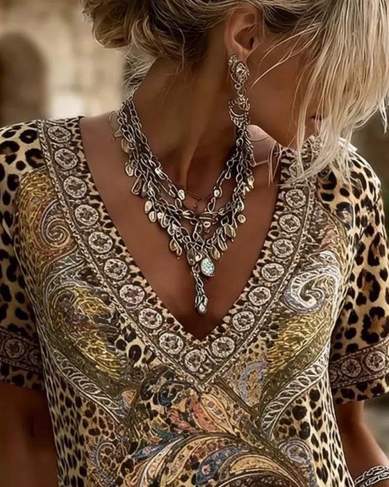 Bluse V-Ausschnitt Leopard Druck Kurzarm Locker