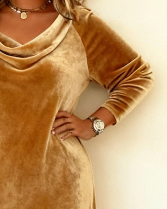 Plusgröße Kleid mit drapiertem Kragen und langen Ärmeln