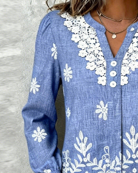 Hemd Puffärmel Bestickt Spitzenbesatz