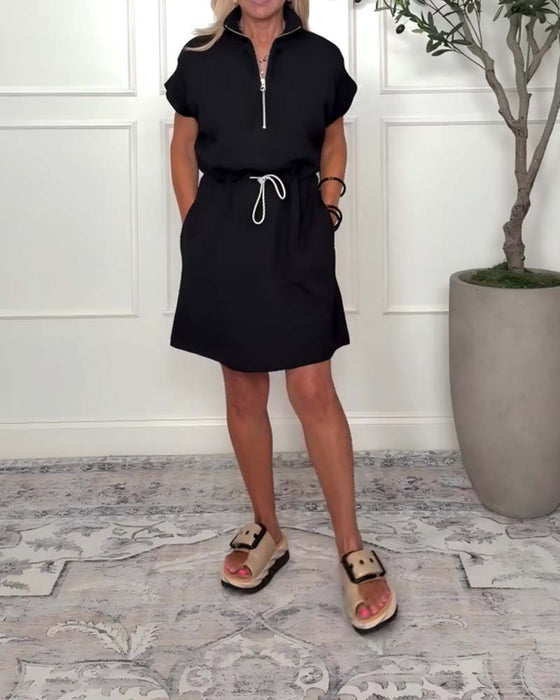 Kleid Reißverschluss Kordelzug Taille Lässig