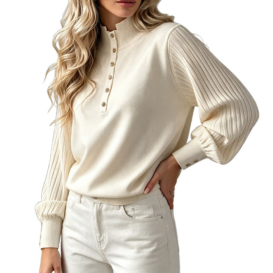 Pullover Rollkragen Knopf Gerippt Puffärmel Sweater