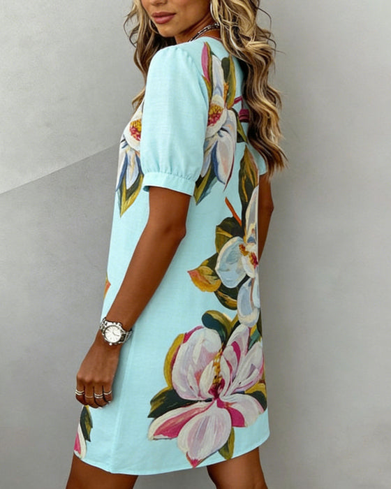 Kleid Großes Blumenmuster V-Ausschnitt