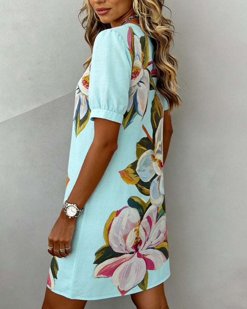 Kleid Großes Blumenmuster V-Ausschnitt