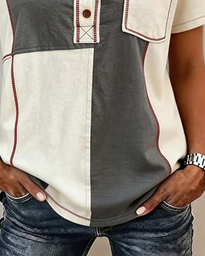 T-Shirt Kontrastfarbe Rundhals Knopf Patchwork
