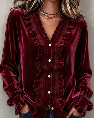 Bluse Velvet Ruffle-Trim V-Neck Langarm