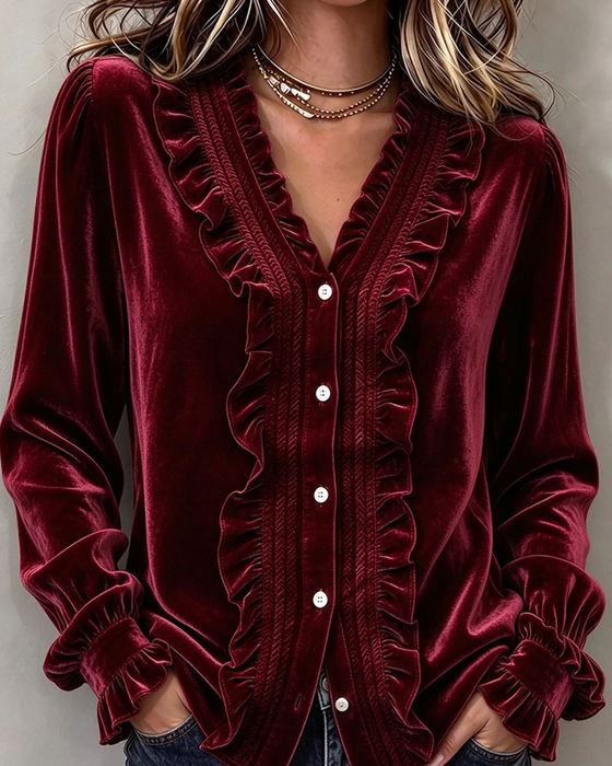 Bluse Velvet Ruffle-Trim V-Neck Langarm