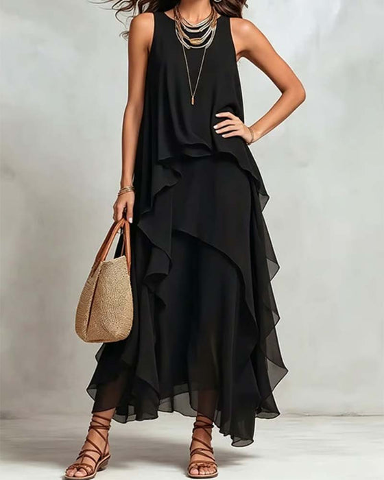 Kleid Rundhals Ärmellos Chiffon Unregelmäßig