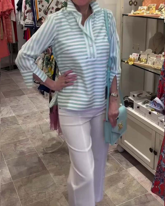 Bluse Gestreift Revers Dreiviertel Ärmel