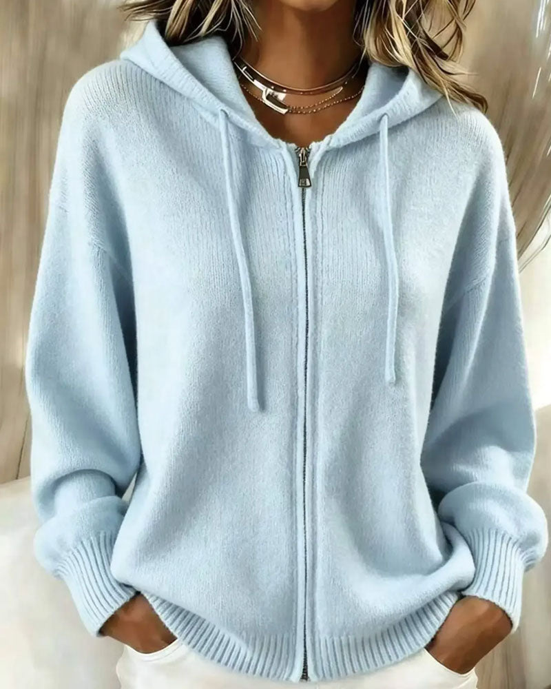 Cardigan Mit Kapuze Drop Schulter Reißverschluss Gestrickt