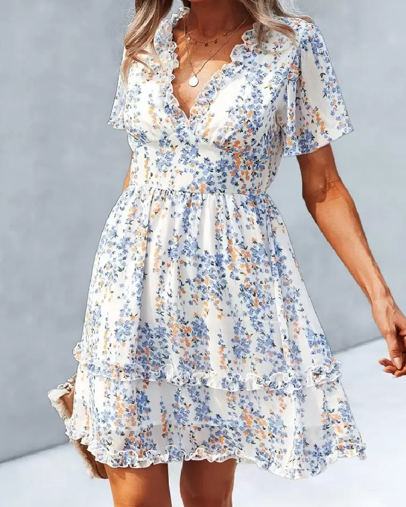 Kleid Kleine Blumen V-Ausschnitt Rüschen