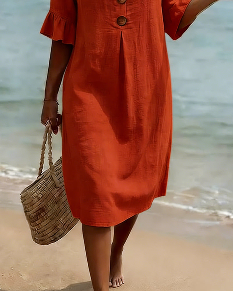 Kleid Knopf Rüsche Ärmel 100% Baumwolle