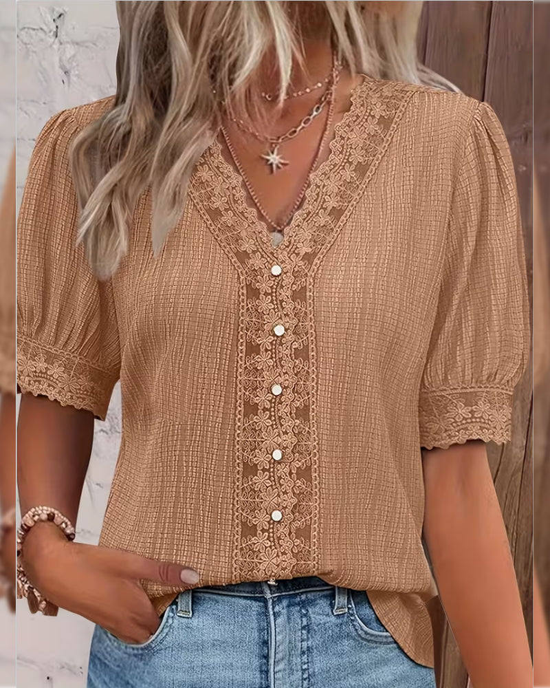 Bluse Spitze Patchwork V-Ausschnitt Puff Ärmel