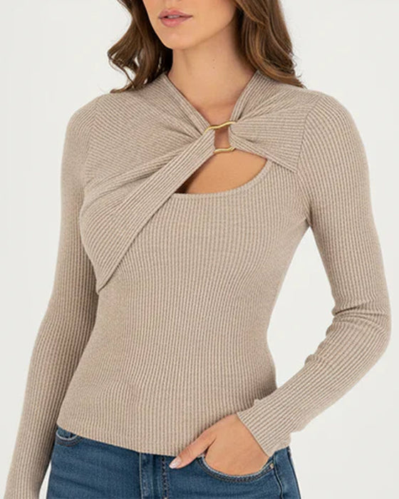 T-Shirt Damen Langarm Rippenstrick Dreh Vorne
