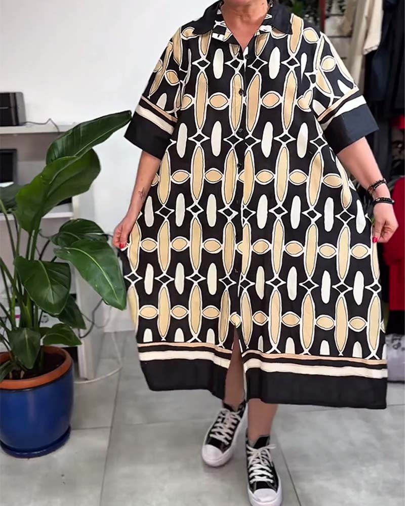 Kleid mit Kragen bedruckt Kurzarm Locker