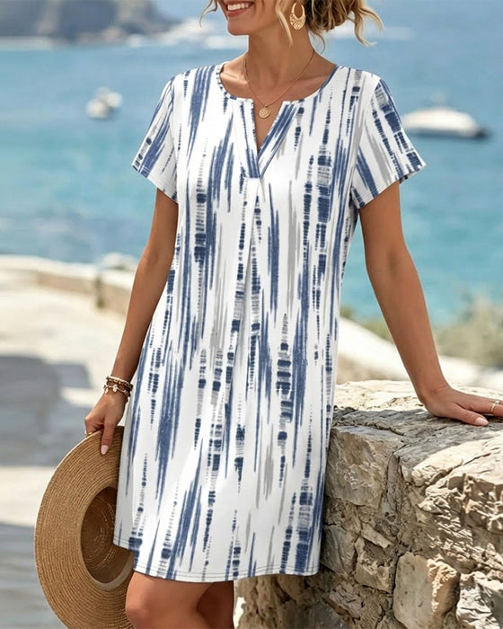 Kleid Lässig Gestreift V-Ausschnitt