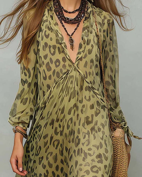 Kleid V-Ausschnitt Langarm Leopard Maxi