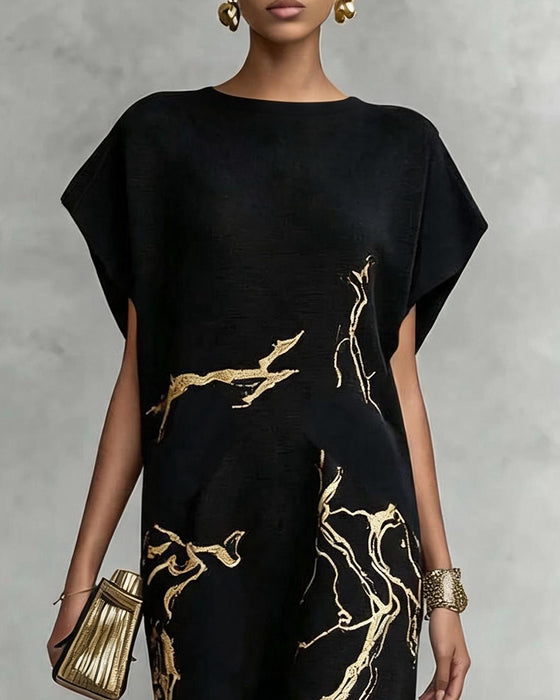 Kleid Fledermaus Kurzarm Rundhals Druck Lang