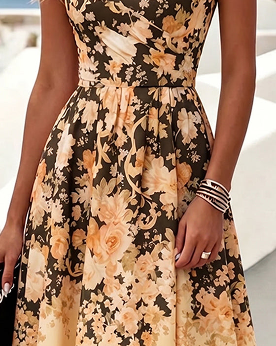 Kleid Ärmellos Rundhals Hohe Taille Bedruckt